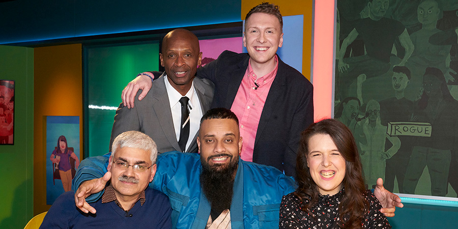 Joe Lycett's Got Your Back. Image shows from L to R: Mark Silcox, Andy Abraham, Guz Khan, Joe Lycett, Rosie Jones. Joe Lycett's Got Your Back. Image shows from L to R: Mark Silcox, Andy Abraham, Guz Khan, Joe Lycett, Rosie Jones.