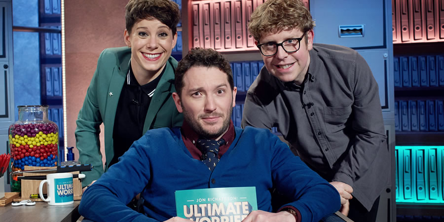 Jon Richardson: Ultimate Worrier. Image shows from L to R: Suzi Ruffell, Jon Richardson, Josh Widdicombe. Copyright: Talkback. Jon Richardson: Ultimate Worrier. Image shows from L to R: Suzi Ruffell, Jon Richardson, Josh Widdicombe. Copyright: Talkback.