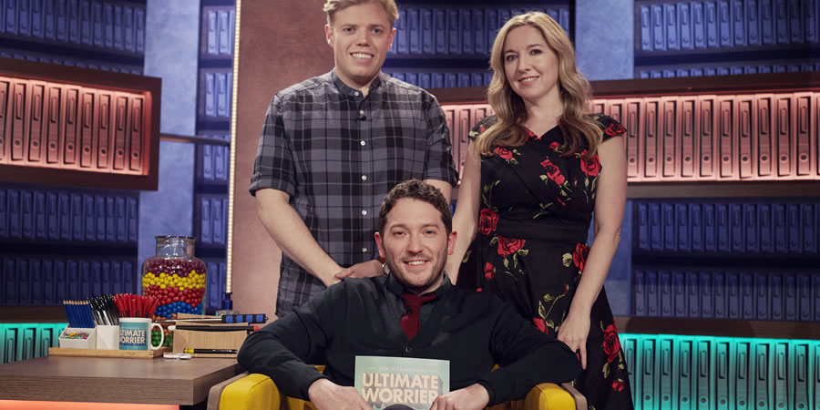 Jon Richardson: Ultimate Worrier. Image shows from L to R: Rob Beckett, Jon Richardson, Victoria Coren Mitchell. Copyright: Talkback. Jon Richardson: Ultimate Worrier. Image shows from L to R: Rob Beckett, Jon Richardson, Victoria Coren Mitchell. Copyright: Talkback.