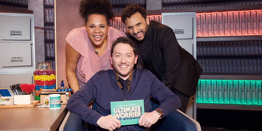 Jon Richardson: Ultimate Worrier. Image shows from L to R: Desiree Burch, Jon Richardson, Nish Kumar. Copyright: Talkback. Jon Richardson: Ultimate Worrier. Image shows from L to R: Desiree Burch, Jon Richardson, Nish Kumar. Copyright: Talkback.