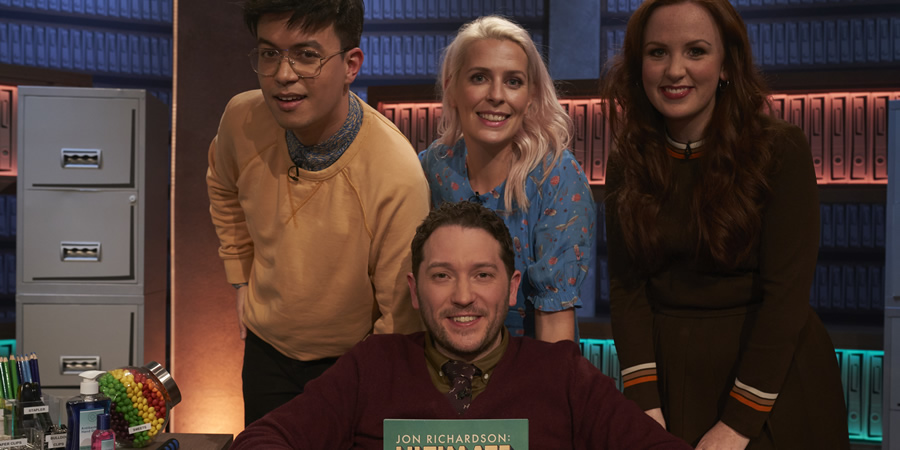 Jon Richardson: Ultimate Worrier. Image shows from L to R: Phil Wang, Jon Richardson, Sara Pascoe, Catherine Bohart. Copyright: Talkback. Jon Richardson: Ultimate Worrier. Image shows from L to R: Phil Wang, Jon Richardson, Sara Pascoe, Catherine Bohart. Copyright: Talkback.