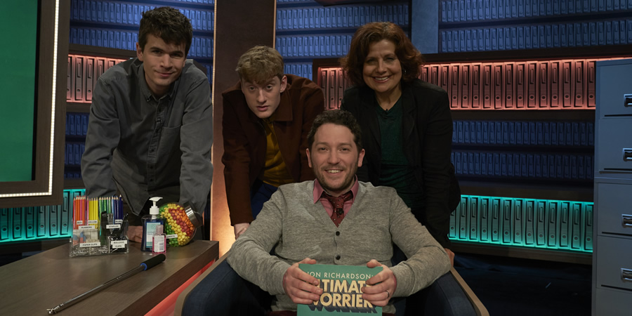 Jon Richardson: Ultimate Worrier. Image shows from L to R: Ivo Graham, James Acaster, Jon Richardson, Rebecca Front. Copyright: Talkback. Jon Richardson: Ultimate Worrier. Image shows from L to R: Ivo Graham, James Acaster, Jon Richardson, Rebecca Front. Copyright: Talkback.