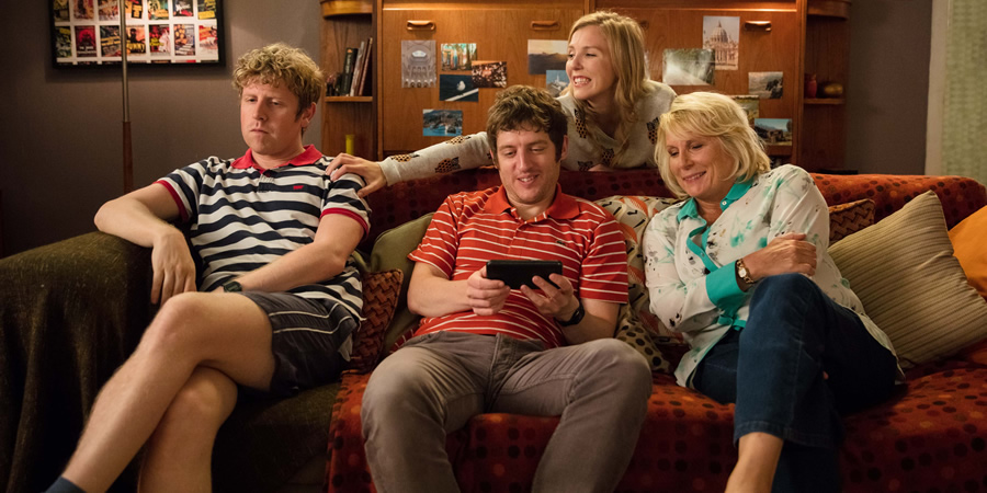 Josh. Image shows from L to R: Josh (Josh Widdicombe), Owen (Elis James), Kate (Beattie Edmondson), Judith Anderson (Jennifer Saunders). Copyright: BBC. Josh. Image shows from L to R: Josh (Josh Widdicombe), Owen (Elis James), Kate (Beattie Edmondson), Judith Anderson (Jennifer Saunders). Copyright: BBC.