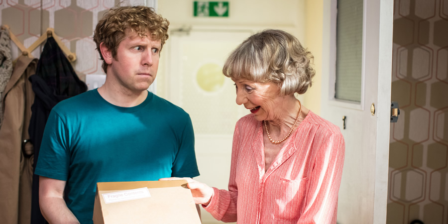 Josh. Image shows from L to R: Josh (Josh Widdicombe), Violet (Marcia Warren). Copyright: BBC. Josh. Image shows from L to R: Josh (Josh Widdicombe), Violet (Marcia Warren). Copyright: BBC.