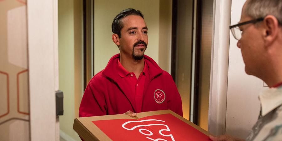 Josh. Pizza Guy (Marc Pickering). Copyright: BBC. Josh. Pizza Guy (Marc Pickering). Copyright: BBC.
