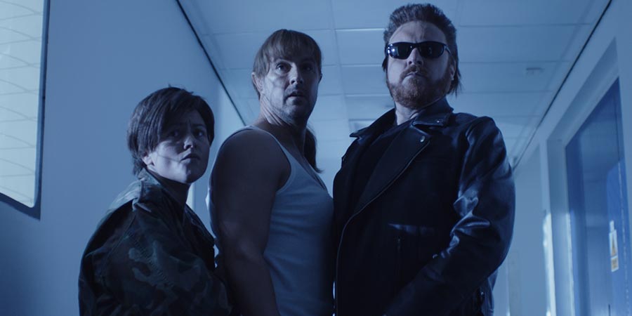 The Keith & Paddy Picture Show. Image shows from L to R: John Connor (Jaime Winstone), Sarah Connor (Paddy McGuinness), Terminator (Leigh Francis). Copyright: Talkback. The Keith & Paddy Picture Show. Image shows from L to R: John Connor (Jaime Winstone), Sarah Connor (Paddy McGuinness), Terminator (Leigh Francis). Copyright: Talkback.