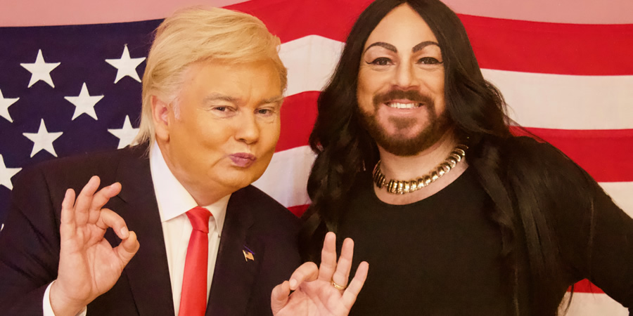 Keith Lemon: Coming In America. Image shows from L to R: Donald Trump (Eamonn Holmes), Leigh Francis. Copyright: Talkback. Keith Lemon: Coming In America. Image shows from L to R: Donald Trump (Eamonn Holmes), Leigh Francis. Copyright: Talkback.