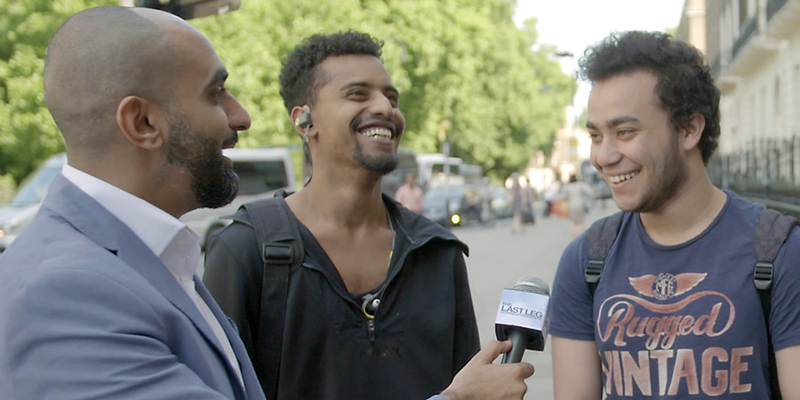 The Last Leg: Correspondents. Image shows from L to R: Tez Ilyas, Unknown, Unknown. Copyright: Open Mike Productions. The Last Leg: Correspondents. Image shows from L to R: Tez Ilyas, Unknown, Unknown. Copyright: Open Mike Productions.