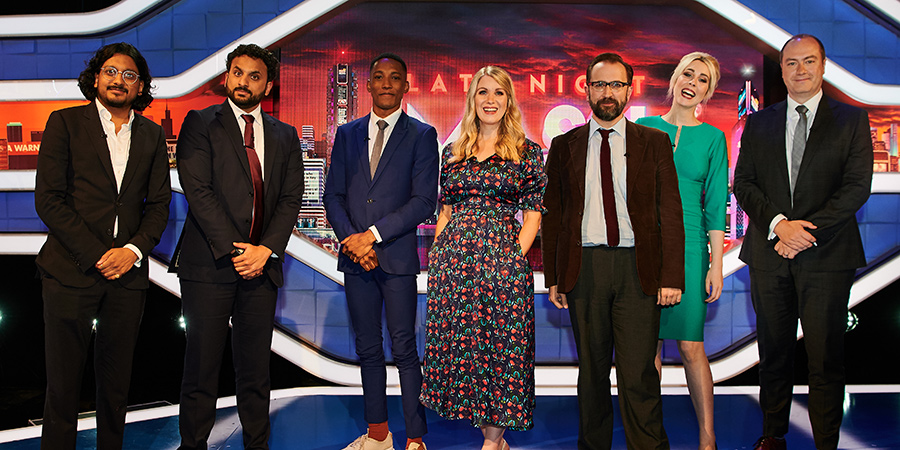 Late Night Mash. Image shows from L to R: Ahir Shah, Nish Kumar, Jason Forbes, Rachel Parris, Greig Johnson, Stevie Martin, Steve N Allen. Copyright: Zeppotron. Late Night Mash. Image shows from L to R: Ahir Shah, Nish Kumar, Jason Forbes, Rachel Parris, Greig Johnson, Stevie Martin, Steve N Allen. Copyright: Zeppotron.