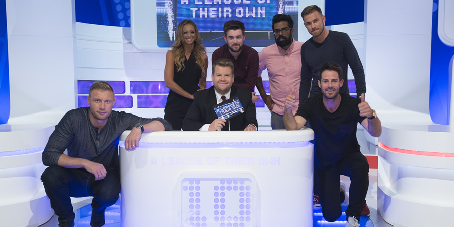A League Of Their Own. Image shows from L to R: Andrew Flintoff, Kate Abdo, James Corden, Jack Whitehall, Romesh Ranganathan, Aaron Ramsey, Jamie Redknapp. Copyright: CPL Productions. A League Of Their Own. Image shows from L to R: Andrew Flintoff, Kate Abdo, James Corden, Jack Whitehall, Romesh Ranganathan, Aaron Ramsey, Jamie Redknapp. Copyright: CPL Productions.