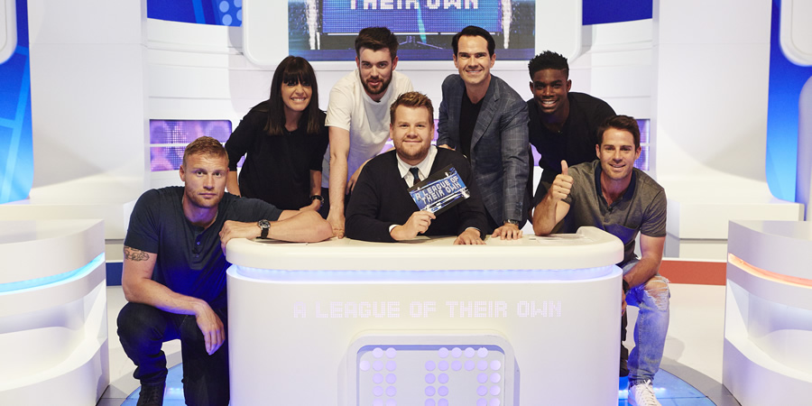 A League Of Their Own. Image shows from L to R: Andrew Flintoff, Claudia Winkleman, Jack Whitehall, James Corden, Jimmy Carr, Micah Richards, Jamie Redknapp. Copyright: CPL Productions. A League Of Their Own. Image shows from L to R: Andrew Flintoff, Claudia Winkleman, Jack Whitehall, James Corden, Jimmy Carr, Micah Richards, Jamie Redknapp. Copyright: CPL Productions.