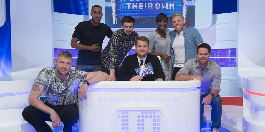 A League Of Their Own. Image shows from L to R: Andrew Flintoff, James DeGale, Jack Whitehall, James Corden, Denise Lewis, Rob Beckett, Jamie Redknapp. Copyright: CPL Productions. A League Of Their Own. Image shows from L to R: Andrew Flintoff, James DeGale, Jack Whitehall, James Corden, Denise Lewis, Rob Beckett, Jamie Redknapp. Copyright: CPL Productions.