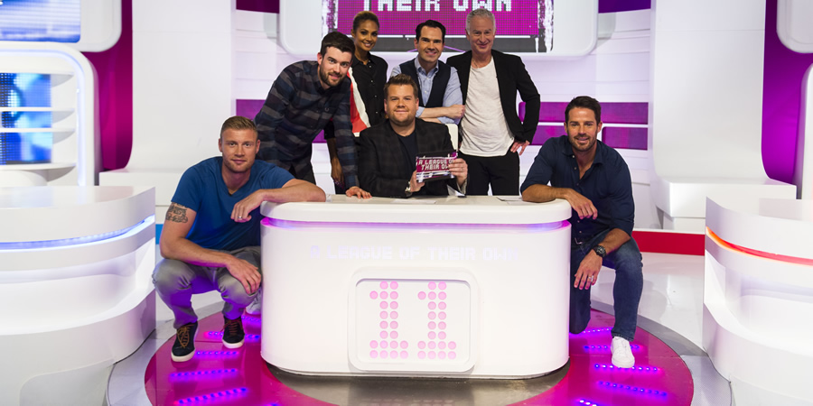 A League Of Their Own. Image shows from L to R: Andrew Flintoff, Jack Whitehall, Alesha Dixon, James Corden, Jimmy Carr, John McEnroe, Jamie Redknapp. Copyright: CPL Productions. A League Of Their Own. Image shows from L to R: Andrew Flintoff, Jack Whitehall, Alesha Dixon, James Corden, Jimmy Carr, John McEnroe, Jamie Redknapp. Copyright: CPL Productions.