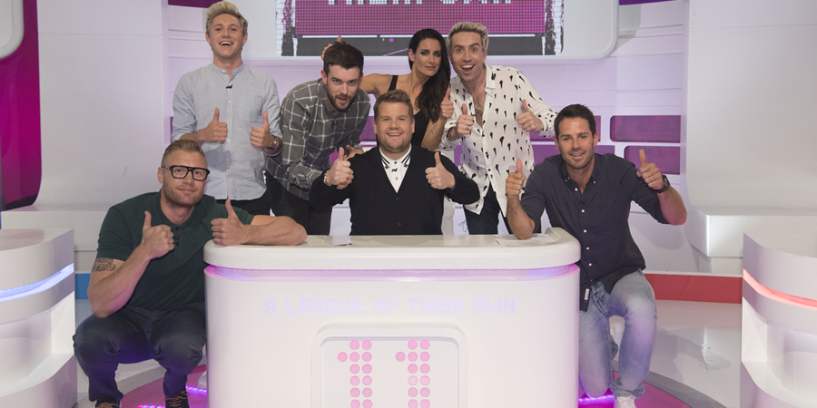 A League Of Their Own. Image shows from L to R: Andrew Flintoff, Niall Horan, Jack Whitehall, James Corden, Kirsty Gallacher, Nick Grimshaw, Jamie Redknapp. Copyright: CPL Productions. A League Of Their Own. Image shows from L to R: Andrew Flintoff, Niall Horan, Jack Whitehall, James Corden, Kirsty Gallacher, Nick Grimshaw, Jamie Redknapp. Copyright: CPL Productions.