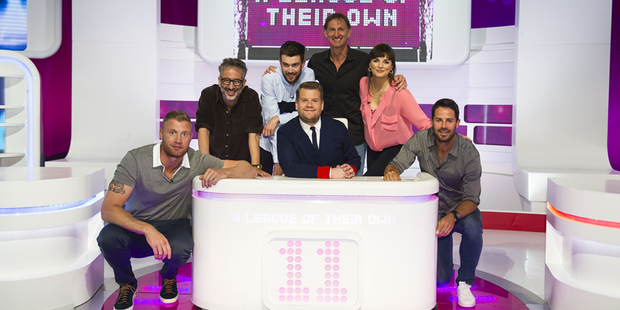 A League Of Their Own. Image shows from L to R: Andrew Flintoff, David Baddiel, Jack Whitehall, James Corden, Tony Adams, Aisling Bea, Jamie Redknapp. Copyright: CPL Productions. A League Of Their Own. Image shows from L to R: Andrew Flintoff, David Baddiel, Jack Whitehall, James Corden, Tony Adams, Aisling Bea, Jamie Redknapp. Copyright: CPL Productions.