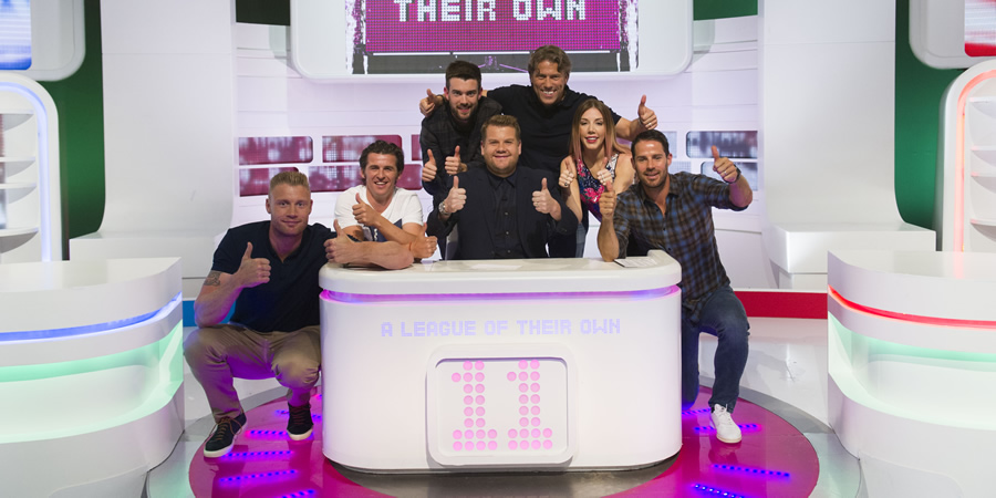 A League Of Their Own. Image shows from L to R: Andrew Flintoff, Joey Barton, Jack Whitehall, James Corden, John Bishop, Katherine Ryan, Jamie Redknapp. Copyright: CPL Productions. A League Of Their Own. Image shows from L to R: Andrew Flintoff, Joey Barton, Jack Whitehall, James Corden, John Bishop, Katherine Ryan, Jamie Redknapp. Copyright: CPL Productions.