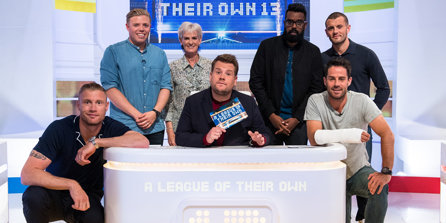 A League Of Their Own. Image shows from L to R: Andrew Flintoff, Rob Beckett, Judy Murray, James Corden, Romesh Ranganathan, Jamie Redknapp, Jack Wilshere. Copyright: CPL Productions. A League Of Their Own. Image shows from L to R: Andrew Flintoff, Rob Beckett, Judy Murray, James Corden, Romesh Ranganathan, Jamie Redknapp, Jack Wilshere. Copyright: CPL Productions.