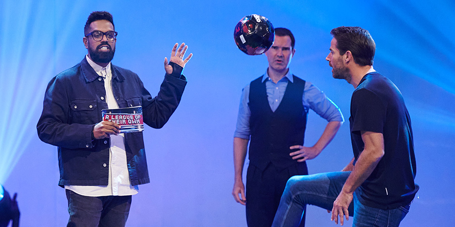 A League Of Their Own. Image shows from L to R: Romesh Ranganathan, Jimmy Carr, Jamie Redknapp. Copyright: CPL Productions. A League Of Their Own. Image shows from L to R: Romesh Ranganathan, Jimmy Carr, Jamie Redknapp. Copyright: CPL Productions.