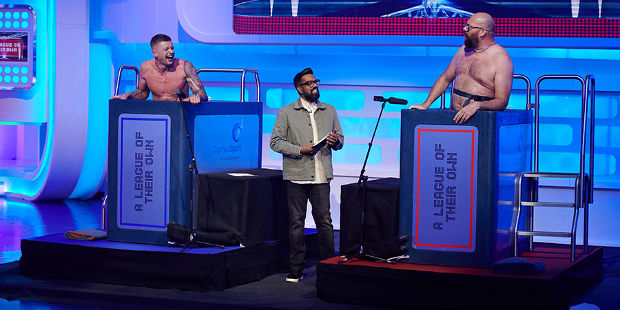 A League Of Their Own. Image shows from L to R: Adam Peaty, Romesh Ranganathan, Tom Davis. Copyright: CPL Productions. A League Of Their Own. Image shows from L to R: Adam Peaty, Romesh Ranganathan, Tom Davis. Copyright: CPL Productions.