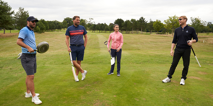 A League Of Their Own. Image shows from L to R: Jamie Redknapp, Eddie Hearn, Sam Quek, Andrew Flintoff. Copyright: CPL Productions. A League Of Their Own. Image shows from L to R: Jamie Redknapp, Eddie Hearn, Sam Quek, Andrew Flintoff. Copyright: CPL Productions.
