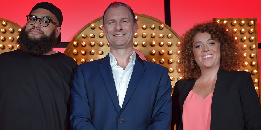 Live At The Apollo. Image shows from L to R: Jamali Maddix, Adam Hills, Michelle Wolf. Copyright: Open Mike Productions. Live At The Apollo. Image shows from L to R: Jamali Maddix, Adam Hills, Michelle Wolf. Copyright: Open Mike Productions.