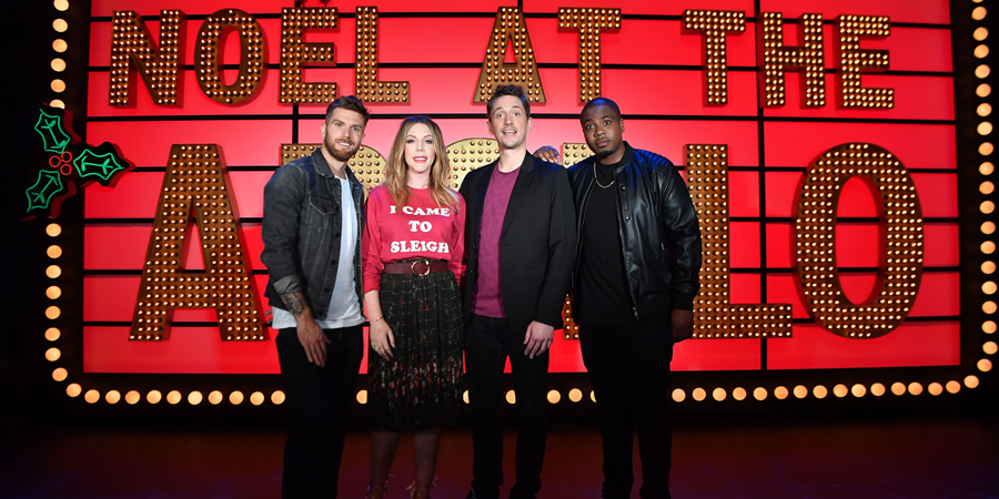 Live At The Apollo. Image shows from L to R: Joel Dommett, Katherine Ryan, John Robins, Marlon Davis. Copyright: Open Mike Productions. Live At The Apollo. Image shows from L to R: Joel Dommett, Katherine Ryan, John Robins, Marlon Davis. Copyright: Open Mike Productions.