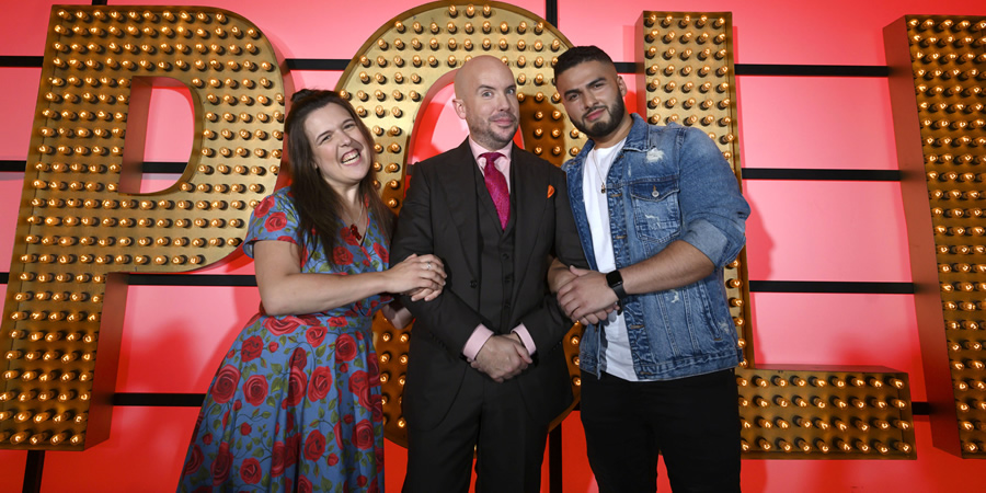 Live At The Apollo. Image shows from L to R: Rosie Jones, Tom Allen, Kae Kurd. Copyright: Open Mike Productions. Live At The Apollo. Image shows from L to R: Rosie Jones, Tom Allen, Kae Kurd. Copyright: Open Mike Productions.