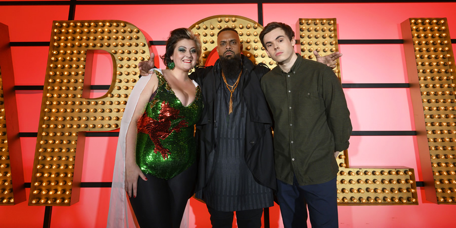 Live At The Apollo. Image shows from L to R: Kiri Pritchard-McLean, Guz Khan, Rhys James. Copyright: Open Mike Productions. Live At The Apollo. Image shows from L to R: Kiri Pritchard-McLean, Guz Khan, Rhys James. Copyright: Open Mike Productions.