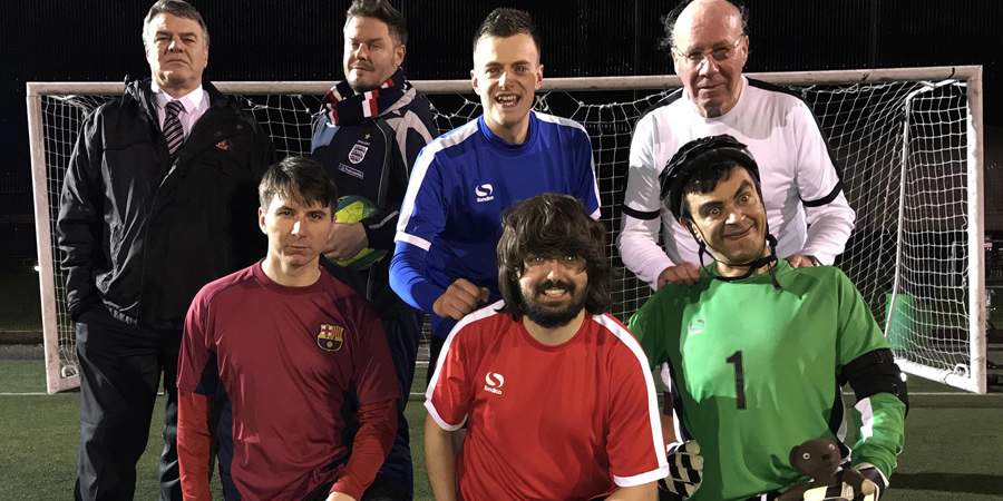 Lookalikes. Image shows from L to R: Sam Allardyce (Steve Wallbank), Lionel Messi (Ross Sampson), David Beckham (Andy Harmer), Jamie Vardy (Lee Chapman), George Best (Mark O'Hare), Mr Bean (Anton Georgiev), Sir Bobby Charlton (Donald). Copyright: Knickerbockerglory. Lookalikes. Image shows from L to R: Sam Allardyce (Steve Wallbank), Lionel Messi (Ross Sampson), David Beckham (Andy Harmer), Jamie Vardy (Lee Chapman), George Best (Mark O'Hare), Mr Bean (Anton Georgiev), Sir Bobby Charlton (Donald). Copyright: Knickerbockerglory.