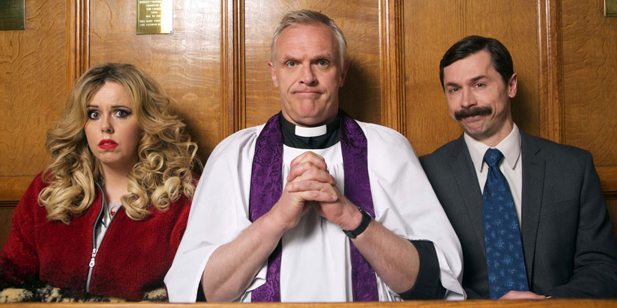 Man Down. Image shows from L to R: Jo (Roisin Conaty), Dan (Greg Davies), Brian (Mike Wozniak). Copyright: Avalon Television. Man Down. Image shows from L to R: Jo (Roisin Conaty), Dan (Greg Davies), Brian (Mike Wozniak). Copyright: Avalon Television.