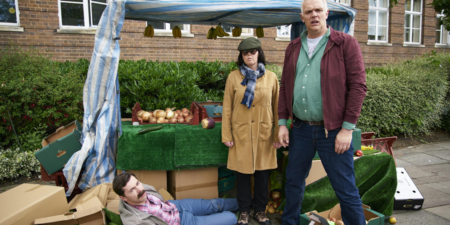 Man Down. Image shows from L to R: Brian (Mike Wozniak), Jo (Roisin Conaty), Dan (Greg Davies). Copyright: Avalon Television. Man Down. Image shows from L to R: Brian (Mike Wozniak), Jo (Roisin Conaty), Dan (Greg Davies). Copyright: Avalon Television.