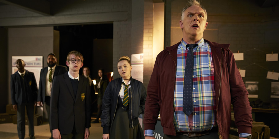 Man Down. Image shows from L to R: Jason (Michael Bunani), Gregory (Max Gill), Kevin (Sam Hunt), Josephine (Rhianna Hosmer), Dan (Greg Davies). Copyright: Avalon Television. Man Down. Image shows from L to R: Jason (Michael Bunani), Gregory (Max Gill), Kevin (Sam Hunt), Josephine (Rhianna Hosmer), Dan (Greg Davies). Copyright: Avalon Television.