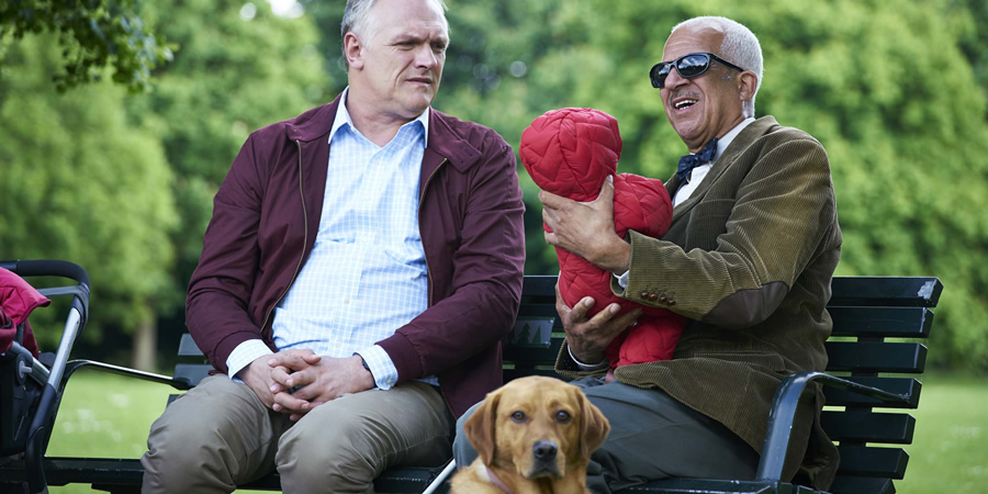 Man Down. Image shows from L to R: Dan (Greg Davies), Blind Jim (Derek Griffiths). Copyright: Avalon Television. Man Down. Image shows from L to R: Dan (Greg Davies), Blind Jim (Derek Griffiths). Copyright: Avalon Television.