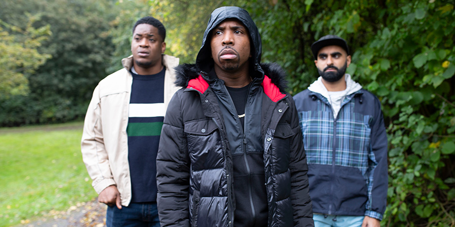 Man Like Mobeen. Image shows from L to R: Nate (Tolulope Ogunmefun), Jovell Maynard (Kiell Smith-Bynoe), Eight (Tez Ilyas). Man Like Mobeen. Image shows from L to R: Nate (Tolulope Ogunmefun), Jovell Maynard (Kiell Smith-Bynoe), Eight (Tez Ilyas).