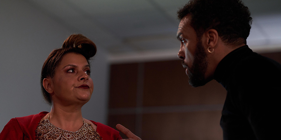 Maxxx. Image shows from L to R: Death (Nina Wadia), Maxxx (O-T Fagbenle). Maxxx. Image shows from L to R: Death (Nina Wadia), Maxxx (O-T Fagbenle).