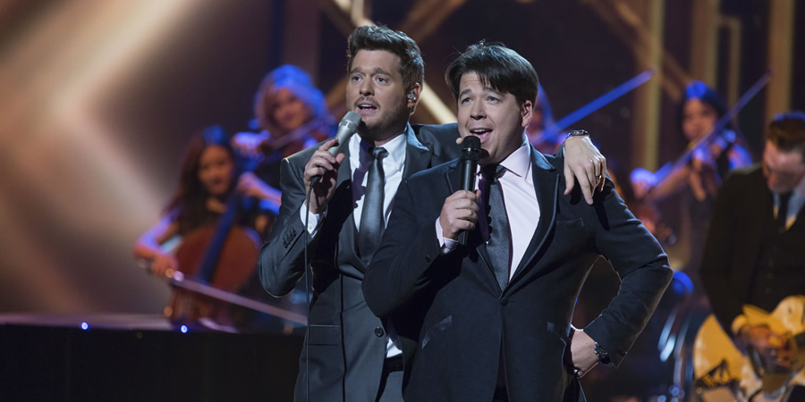 Michael McIntyre's Big Show. Image shows from L to R: Michael Bublé, Michael McIntyre. Copyright: Hungry McBear. Michael McIntyre's Big Show. Image shows from L to R: Michael Bublé, Michael McIntyre. Copyright: Hungry McBear.