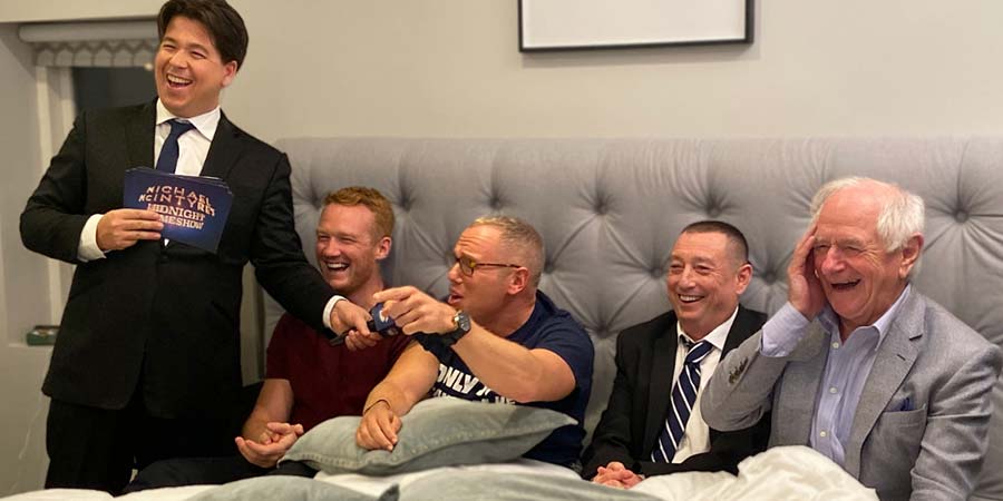 Michael McIntyre's Big Show. Image shows from L to R: Michael McIntyre, Greg Rutherford, Robert Rinder, Lee Macdonald, Johnny Ball. Copyright: Hungry McBear. Michael McIntyre's Big Show. Image shows from L to R: Michael McIntyre, Greg Rutherford, Robert Rinder, Lee Macdonald, Johnny Ball. Copyright: Hungry McBear.