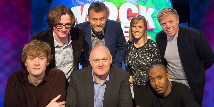 Mock The Week. Image shows from L to R: James Acaster, Ed Byrne, Hugh Dennis, Dara O Briain, Holly Walsh, Dane Baptiste, Rob Beckett. Mock The Week. Image shows from L to R: James Acaster, Ed Byrne, Hugh Dennis, Dara O Briain, Holly Walsh, Dane Baptiste, Rob Beckett.