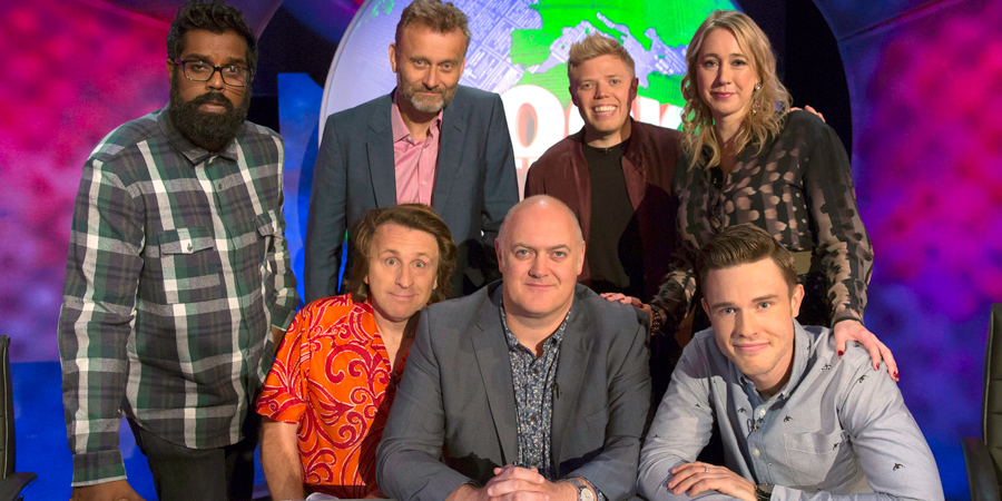 Mock The Week. Image shows from L to R: Romesh Ranganathan, Milton Jones, Hugh Dennis, Dara O Briain, Rob Beckett, Tiffany Stevenson, Ed Gamble. Copyright: Angst Productions. Mock The Week. Image shows from L to R: Romesh Ranganathan, Milton Jones, Hugh Dennis, Dara O Briain, Rob Beckett, Tiffany Stevenson, Ed Gamble. Copyright: Angst Productions.