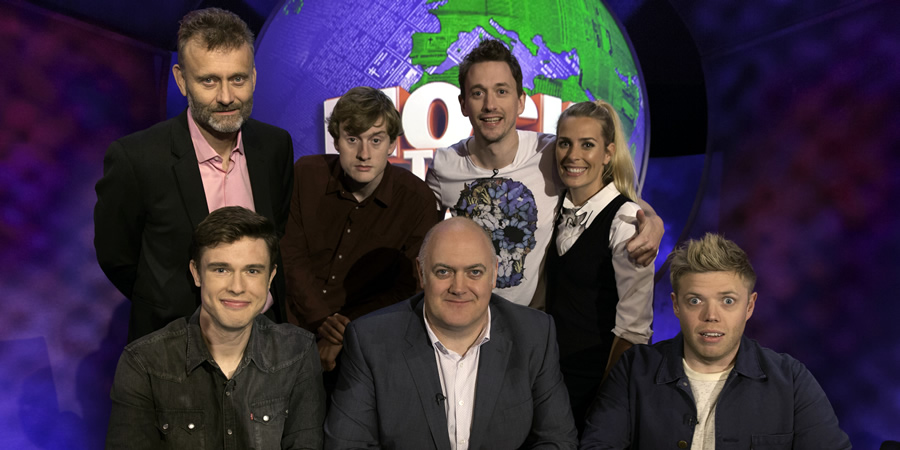Mock The Week. Image shows from L to R: Hugh Dennis, Ed Gamble, James Acaster, Dara O Briain, John Robins, Sara Pascoe, Rob Beckett. Copyright: Angst Productions. Mock The Week. Image shows from L to R: Hugh Dennis, Ed Gamble, James Acaster, Dara O Briain, John Robins, Sara Pascoe, Rob Beckett. Copyright: Angst Productions.