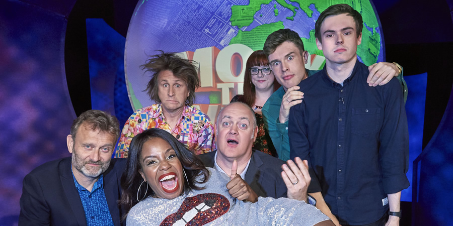 Mock The Week. Image shows from L to R: Hugh Dennis, London Hughes, Milton Jones, Dara O Briain, Angela Barnes, Ed Gamble, Rhys James. Copyright: Angst Productions. Mock The Week. Image shows from L to R: Hugh Dennis, London Hughes, Milton Jones, Dara O Briain, Angela Barnes, Ed Gamble, Rhys James. Copyright: Angst Productions.