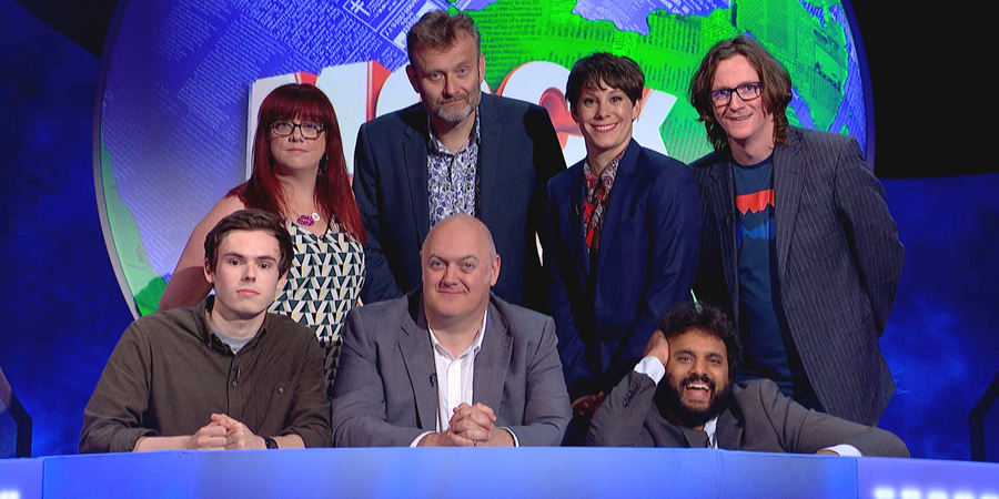Mock The Week. Image shows from L to R: Rhys James, Angela Barnes, Hugh Dennis, Dara O Briain, Suzi Ruffell, Nish Kumar, Ed Byrne. Copyright: Angst Productions. Mock The Week. Image shows from L to R: Rhys James, Angela Barnes, Hugh Dennis, Dara O Briain, Suzi Ruffell, Nish Kumar, Ed Byrne. Copyright: Angst Productions.