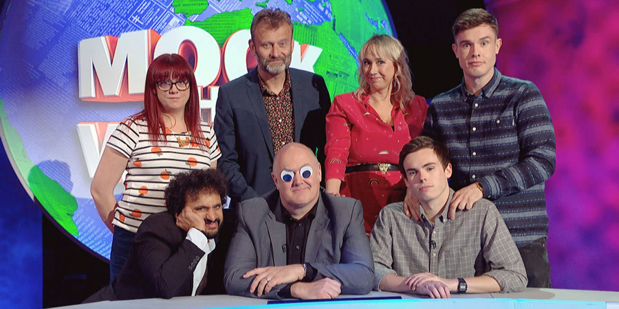 Mock The Week. Image shows from L to R: Angela Barnes, Nish Kumar, Hugh Dennis, Dara O Briain, Tiffany Stevenson, Rhys James, Ed Gamble. Copyright: Angst Productions. Mock The Week. Image shows from L to R: Angela Barnes, Nish Kumar, Hugh Dennis, Dara O Briain, Tiffany Stevenson, Rhys James, Ed Gamble. Copyright: Angst Productions.