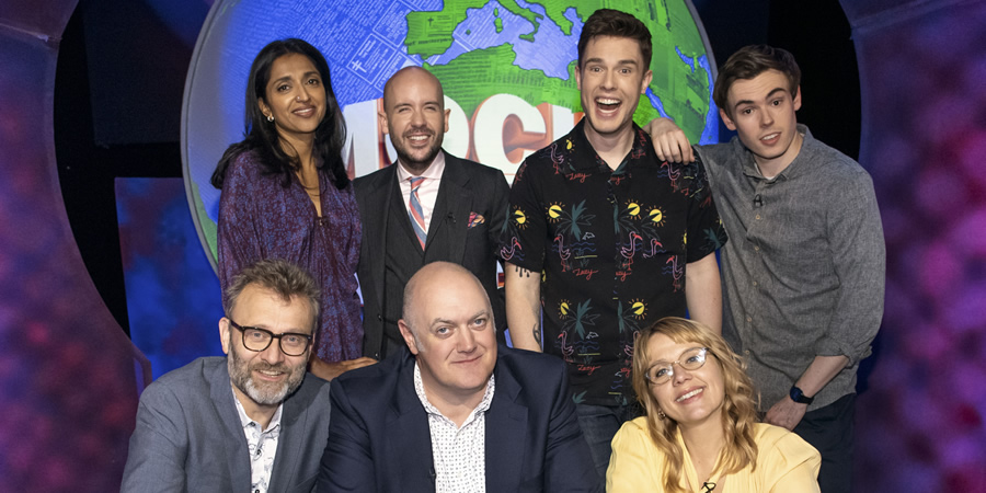 Mock The Week. Image shows from L to R: Hugh Dennis, Sindhu Vee, Tom Allen, Dara O Briain, Ed Gamble, Kerry Godliman, Rhys James. Copyright: Angst Productions. Mock The Week. Image shows from L to R: Hugh Dennis, Sindhu Vee, Tom Allen, Dara O Briain, Ed Gamble, Kerry Godliman, Rhys James. Copyright: Angst Productions.