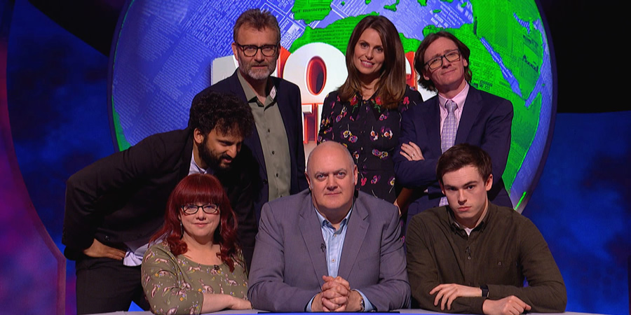 Mock The Week. Image shows from L to R: Nish Kumar, Angela Barnes, Hugh Dennis, Dara O Briain, Ellie Taylor, Ed Byrne, Rhys James. Copyright: Angst Productions. Mock The Week. Image shows from L to R: Nish Kumar, Angela Barnes, Hugh Dennis, Dara O Briain, Ellie Taylor, Ed Byrne, Rhys James. Copyright: Angst Productions.