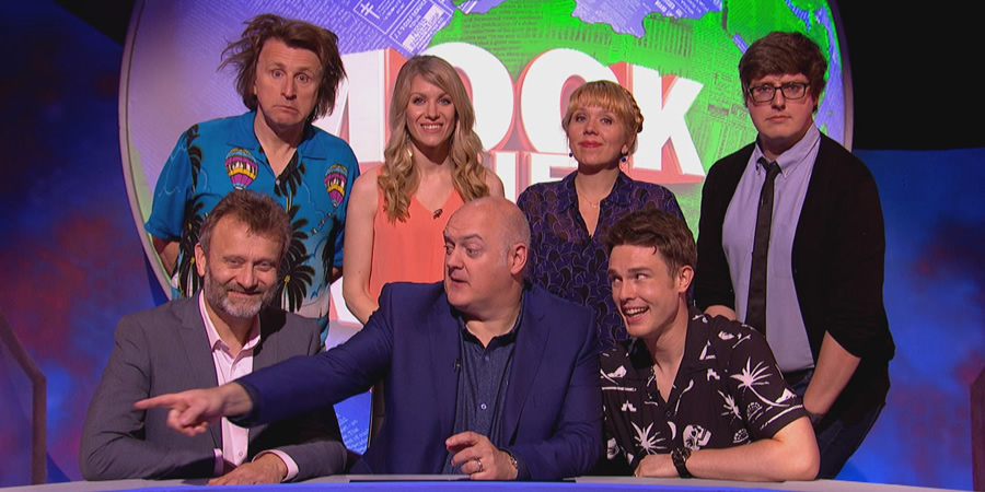 Mock The Week. Image shows from L to R: Hugh Dennis, Milton Jones, Rachel Parris, Dara O Briain, Kerry Godliman, Ed Gamble, Glenn Moore. Copyright: Angst Productions. Mock The Week. Image shows from L to R: Hugh Dennis, Milton Jones, Rachel Parris, Dara O Briain, Kerry Godliman, Ed Gamble, Glenn Moore. Copyright: Angst Productions.