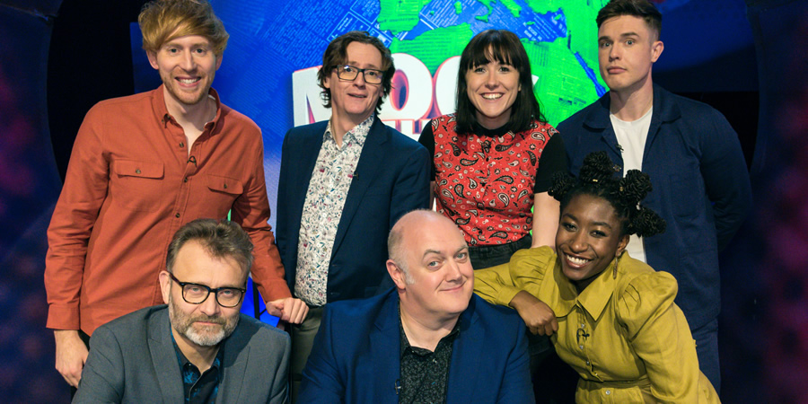 Mock The Week. Image shows from L to R: Mark Simmons, Hugh Dennis, Ed Byrne, Dara O Briain, Maisie Adam, Sophie Duker, Ed Gamble. Copyright: Angst Productions. Mock The Week. Image shows from L to R: Mark Simmons, Hugh Dennis, Ed Byrne, Dara O Briain, Maisie Adam, Sophie Duker, Ed Gamble. Copyright: Angst Productions.