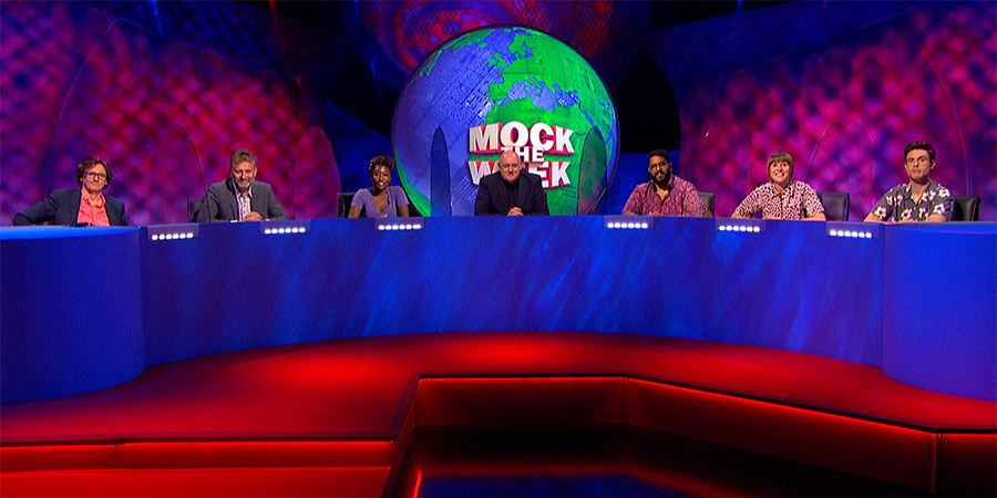 Mock The Week. Image shows from L to R: Ed Byrne, Hugh Dennis, Sophie Duker, Dara O Briain, Eshaan Akbar, Maisie Adam, Ed Gamble. Copyright: Angst Productions. Mock The Week. Image shows from L to R: Ed Byrne, Hugh Dennis, Sophie Duker, Dara O Briain, Eshaan Akbar, Maisie Adam, Ed Gamble. Copyright: Angst Productions.