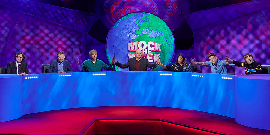 Mock The Week. Image shows from L to R: Ed Byrne, Hugh Dennis, Mark Simmons, Dara O Briain, Sukh Ojla, Ed Gamble, Maisie Adam. Copyright: Angst Productions. Mock The Week. Image shows from L to R: Ed Byrne, Hugh Dennis, Mark Simmons, Dara O Briain, Sukh Ojla, Ed Gamble, Maisie Adam. Copyright: Angst Productions.