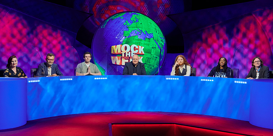 Mock The Week. Image shows from L to R: Laura Lexx, Hugh Dennis, Rhys James, Dara O Briain, Alasdair Beckett-King, Athena Kugblenu, Ed Byrne. Copyright: Angst Productions. Mock The Week. Image shows from L to R: Laura Lexx, Hugh Dennis, Rhys James, Dara O Briain, Alasdair Beckett-King, Athena Kugblenu, Ed Byrne. Copyright: Angst Productions.